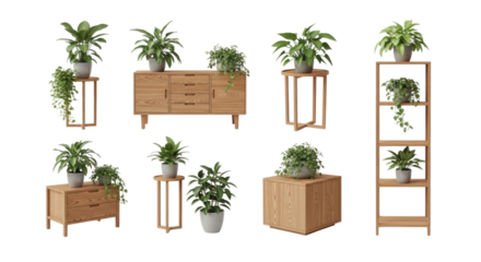 Collection of wooden furniture with plants transparent background cutout png