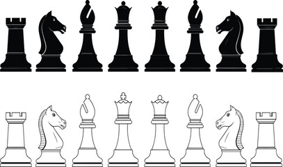 Chess pieces vector, black and white icons, strategic game setup, rook knight bishop queen king, silhouette and outline illustration © Empowerment angle 