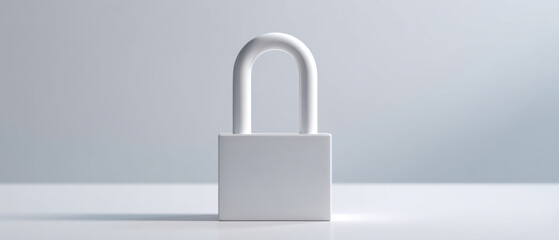 Minimalistic white padlock on smooth surface with soft gradient background symbolizing security and protection