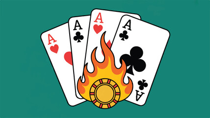 Four aces playing cards with poker chip and flames on green background