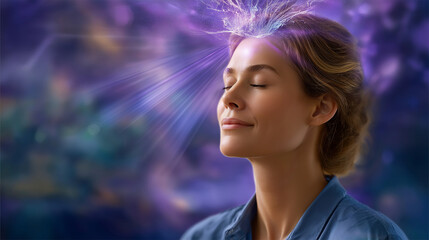 Faceless spiritual woman receiving cosmic information, violet stream entering the pineal area, crown chakra opening, divine connection, natural abstract background, soft focus, wit