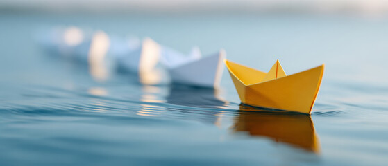 Yellow paper boat leading a line of white paper boats floating on calm water surface with soft focus background