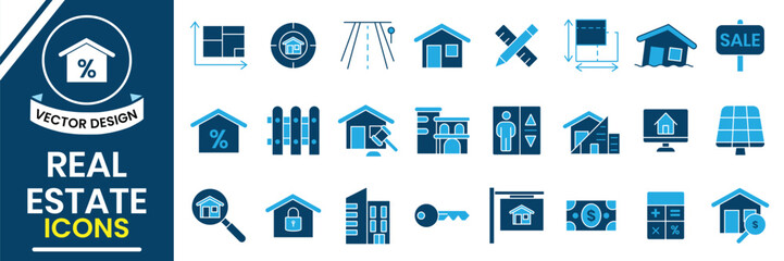 Real estate icon vector set. Outline icon of real estate, vector, containing house home, owner, building, transactions, types of real estate. Vector illustration.