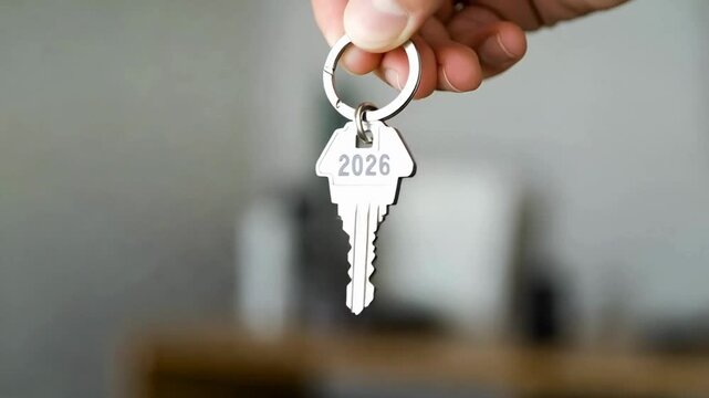 A hand holding a silver key, the key engraved with the year 2026, suggesting future security.