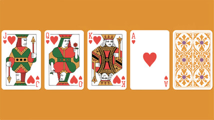 four playing cards on orange background