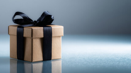 A brown gift box with a black bow on top sits against a gray background