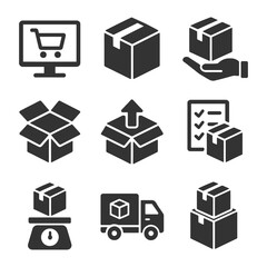 E-commerce and shipping icons: cart, boxes, delivery, checklist, and scale.