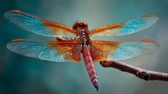 A detailed view of a dragonfly perched on a branch showcasing its vibrant colors and delicate wings Intricate details of a dragonflyas wings