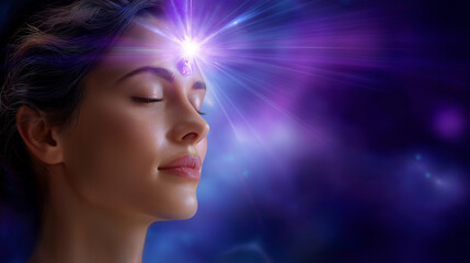 Faceless spiritual woman with glowing purple drop at pineal point, crown chakra activation, psychedelic abstract purple background, mystical symbolism, soft blur, with copy space