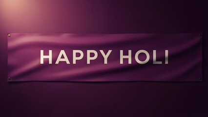 Bright neon happy holi text on a dark purple and pink abstract background
