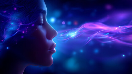 Abstract faceless silhouette dissolving into blue and purple gradients, neon streams of consciousness flowing through orbs and curves, meditative stillness, cosmic calm, defocused 