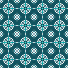 Decorative Ornate Circle Floral Tile Pattern in Teal and White Colors