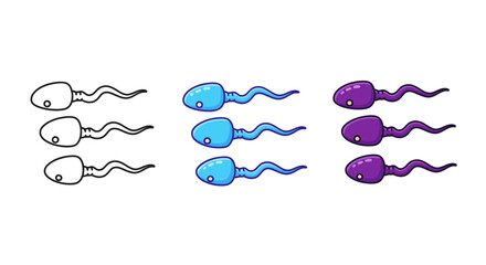 Cartoon illustration of sperm cells in three different color variations: outline, blue, and purple.