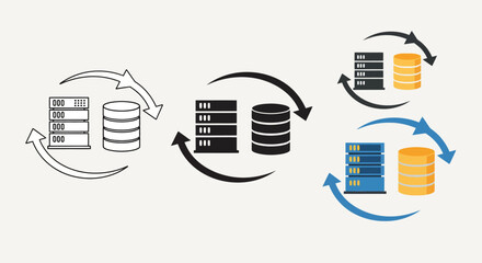 Icons illustrating data synchronization between server and database in various styles.