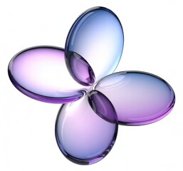 Fototapeta premium Abstract flower with petals of glass holographic round discs. Iridescent geometric figure of transparent circular disks. Crystal plate shapes with purple gradient on light blue bg
