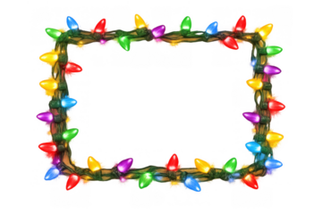 Christmas lights frame creating a festive border with glowing colorful bulbs, transparent background for holiday design