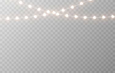 Garland with glowing hearts. Garland with hearts PNG. Light bulbs on the garland in the shape of hearts. Decoration for Valentine&rsquo;s Day.