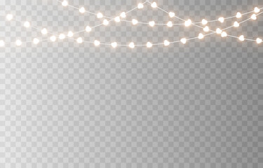Garland with glowing hearts. Garland with hearts PNG. Light bulbs on the garland in the shape of hearts. Decoration for Valentine&rsquo;s Day.