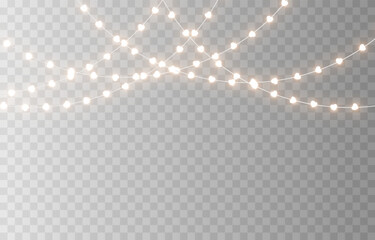 Garland with glowing hearts. Garland with hearts PNG. Light bulbs on the garland in the shape of hearts. Decoration for Valentine&rsquo;s Day.