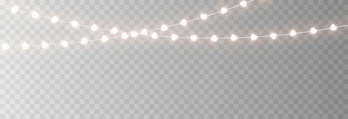 Garland with glowing hearts. Garland with hearts PNG. Light bulbs on the garland in the shape of hearts. Decoration for Valentine&rsquo;s Day.