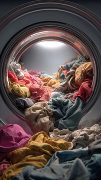 Overloaded Washing Machine with Clothes Spilling Out