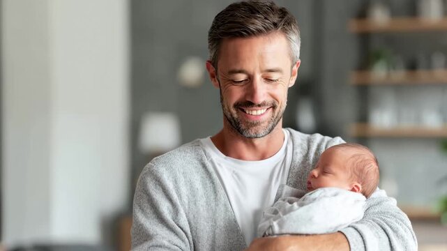 A man gently cradles a baby in his arms, showcasing a tender moment of care and connection.