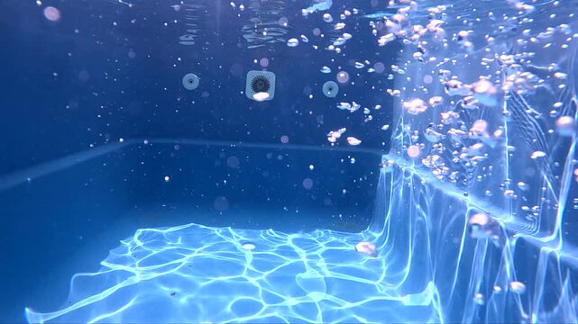 Underwater view of bubbles rising in a swimming pool during the day