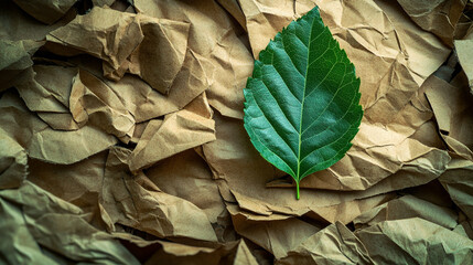 Green leaf resting on a pile of paper boxes and cardboard packages, symbolizing recycling, sustainability, eco-friendliness, and biodegradable packaging