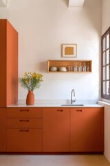 Kitchen with orange cabinets and simple decor featuring a flower vase and shelves with dishes in a bright room during daytime