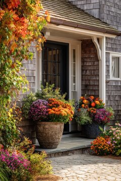 Bright flowers in pots at a house entrance during autumn season with colorful leaves on the wall and warm sunlight shining down
