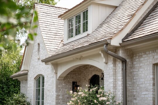 Beautiful house with a gray roof and white brick exterior during the summer season in a quiet neighborhood offering a welcoming entrance with lush greenery