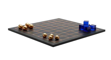 Board game featuring golden balls and blue cubes isolated on transparent background