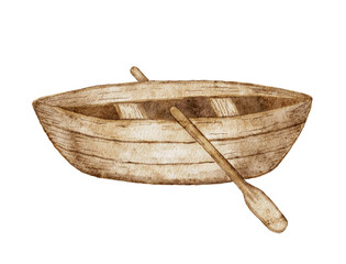 Watercolor hand painted wooden boat with oar isolated on white.