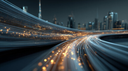 Glowing Data Packets Flowing Through Curved Pathways in Digital Space - Edition E602