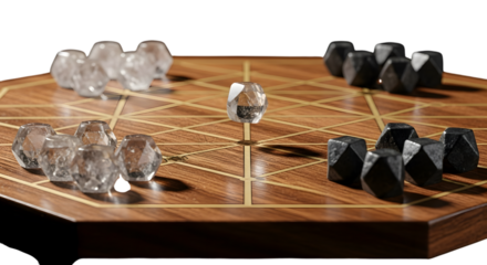 Hexagonal board game with clear and black pieces isolated on transparent background