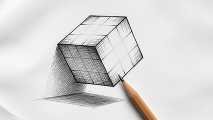Hand-drawn cube sketch with pencil creating illusion of 3D geometric shape