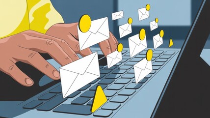 Hands typing on a laptop with warning email icons, representing phishing attacks, scam messages, and email security threats in a digital communication concept. 