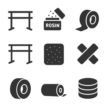 Gymnastics equipment icons: parallel bars, rosin, tape, chalk patterns.