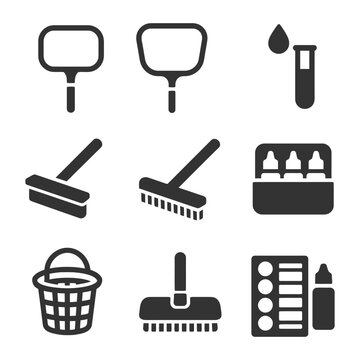 Pool maintenance tools icons: skimmer, test tube, applicator, basket.