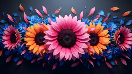 Vibrant sunflowers in full bloom with a dynamic burst of colorful petals