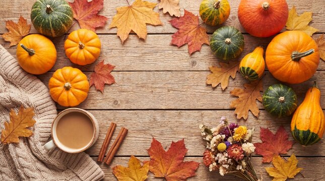 Autumn Flat Lay with Pumpkins, Gourds, Leaves, Coffee, and Sweater on Rustic Wood Background