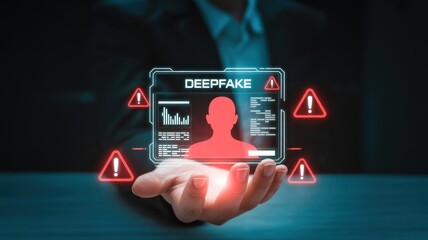 Warning concept of deepfake technology and facial recognition misuse, showing cybersecurity threats, digital identity fraud, and the risks of AI-generated face manipulation in online systems. 