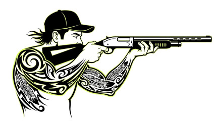 Man aiming shotgun with tribal tattoos on arms