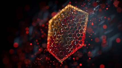 Hexagonal Mesh Digital Shield Icon with Glowing Red Aura