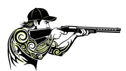 Obraz premium Man aiming shotgun with tribal tattoo on arm in black and yellow