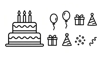 Create a set of line icons for birthday celebrations: birthday cake, candles, balloons, gifts, party hats, confetti, and other celebration elements. White background.