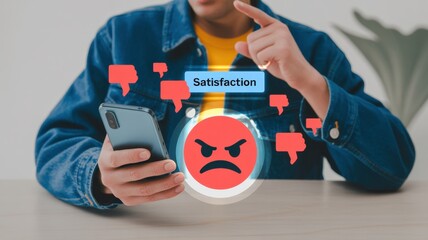 Unhappy customer giving negative feedback on smartphone. Concept of dissatisfaction, poor service experience, bad review, low rating, complaint, and business reputation damage. 