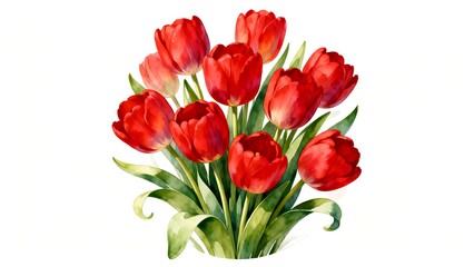 A painting of a bouquet of red tulips against a white background, suitable for greeting cards, posters, and packaging design.