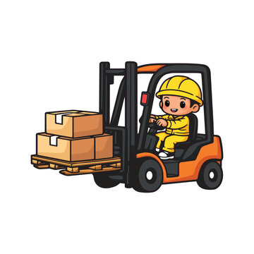 Cute Forklift Operator Working in Warehouse Logistics Vector Illustration