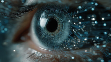 Futuristic Eye Scanner Interface with Intricate Blue Circuitry Detail
